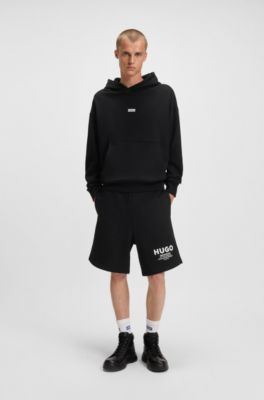 Sudadera holgada con capucha en felpa de algod&oacute;n con detalles de logo, Negro