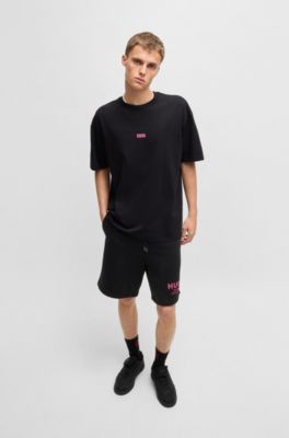 Loose-fit shorts in cotton terry with logo print, Black