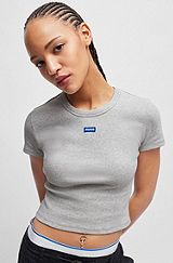 Camiseta slim fit de algodón elástico con etiqueta con logo azul, Gris claro