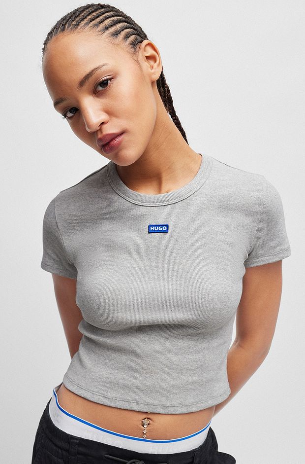 Stretch-cotton slim-fit T-shirt with blue logo label, Light Grey