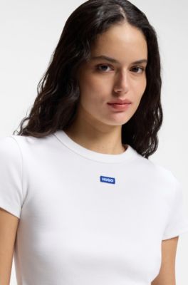 Logo-badge slim-fit T-shirt in stretch cotton, White