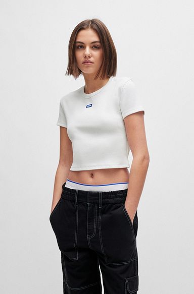 Camiseta slim fit de algodón elástico con etiqueta con logo azul, Blanco