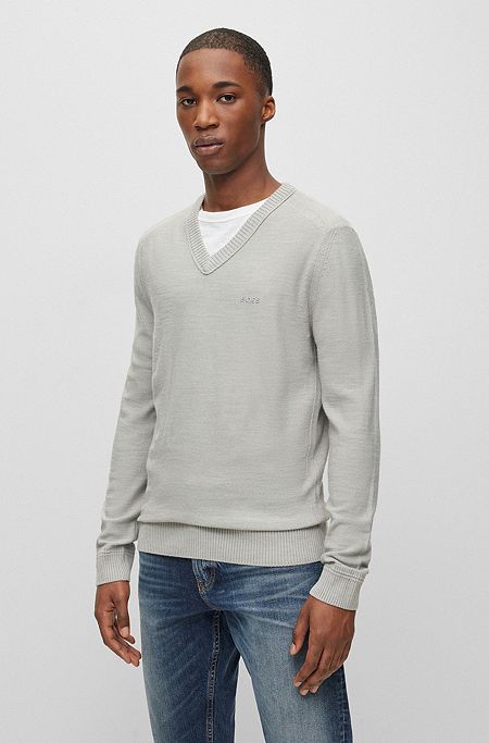 Wool-blend regular-fit sweater with logo detail, Light Grey