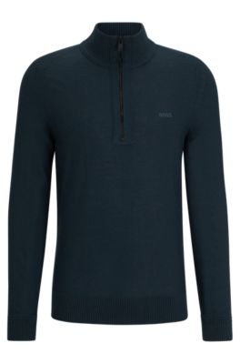 BOSS Wool blend zip neck sweater with logo detail