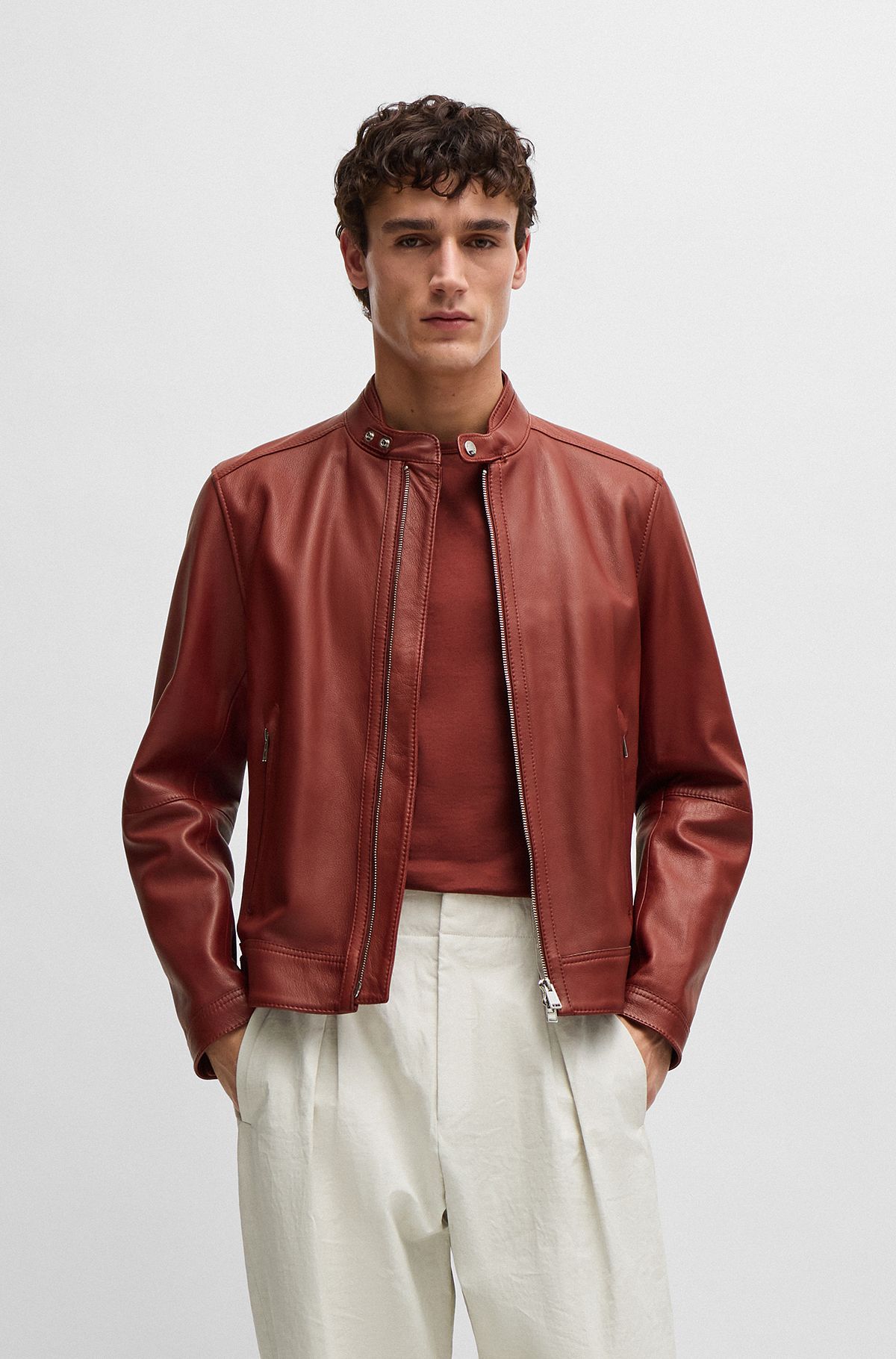 Regular-fit zip-up jacket in grained leather, Light Brown