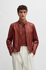Regular-fit zip-up jacket in grained leather, Light Brown