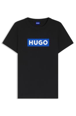 Camiseta slim fit en algod&oacute;n con logo encuadrado azul, Negro