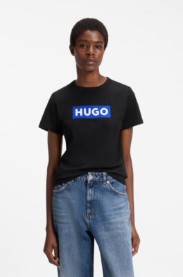 Slim-fit T-shirt in cotton with blue boxed logo, Black