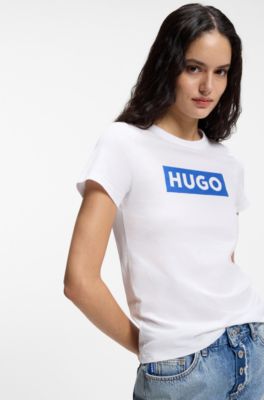 Slim-fit T-shirt in cotton with blue boxed logo, White