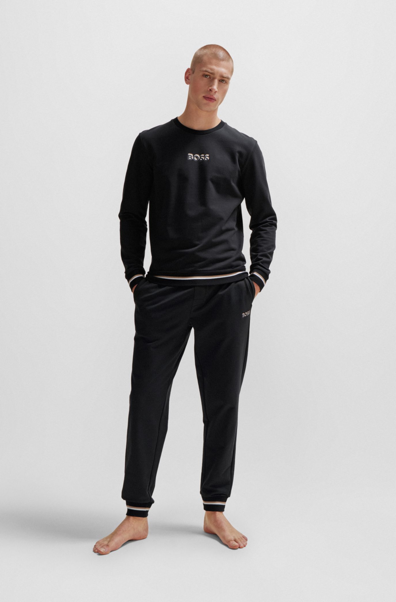 BOSS Cotton terry tracksuit bottoms with logo in signature colors