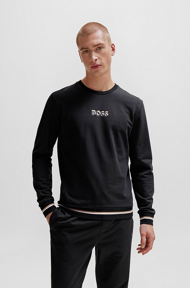 Sweat-shirt en molleton de coton avec logo aux couleurs emblématiques, Noir