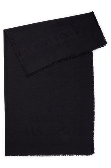 Square scarf in silk and wool with logo details, Black
