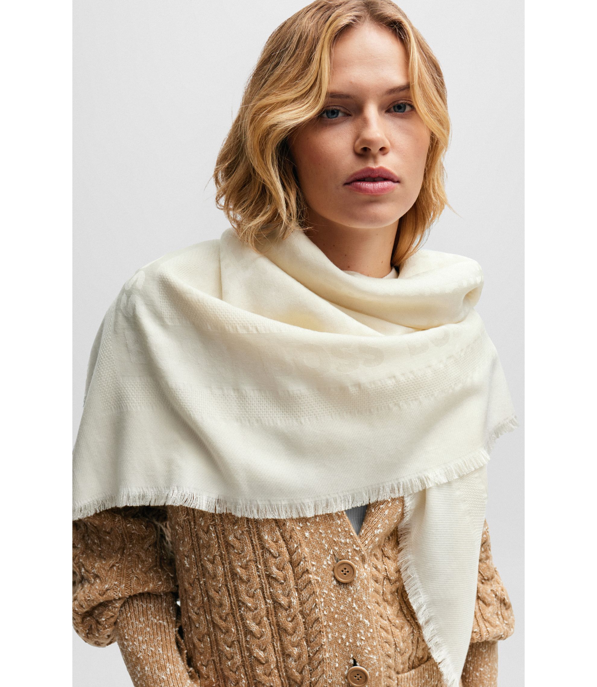 BOSS - Silk-wool scarf with logos and monograms - White