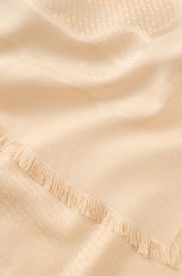 Foulard carr&eacute; en soie et laine avec logos, Rose clair