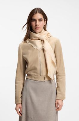 Foulard carr&eacute; en soie et laine avec logos, Rose clair