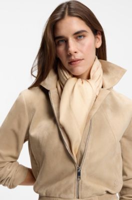 Foulard carr&eacute; en soie et laine avec logos, Rose clair