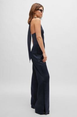 Tie-neck jumpsuit in satin, Light Blue