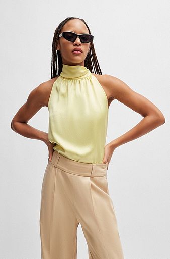 Sleeveless top in satin with tie neck, Light Yellow