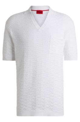 Hugo Cotton Sweater In Knitted Jacquard With Johnny Collar In White