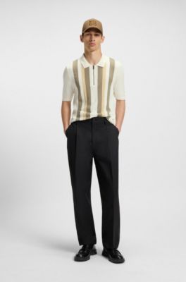 Zip-neck polo sweater with vertical stripes, White