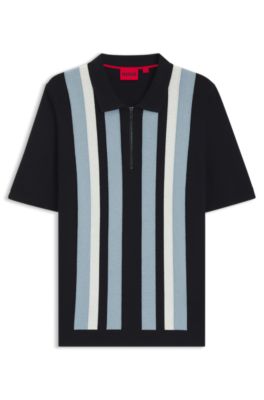 Zip-neck polo sweater with vertical stripes, Dark Blue