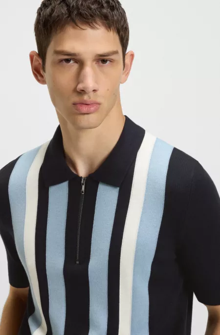 Zip-neck polo sweater with vertical stripes