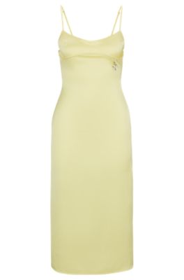 Shop Hugo Slim-fit Dress In Satin With Logo Trim In Light Yellow