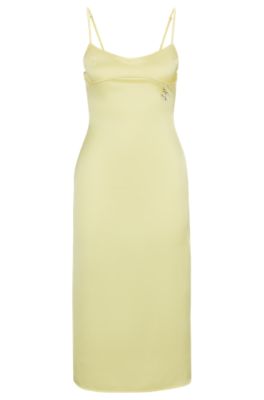 Slim-fit dress in satin with logo trim, Light Yellow