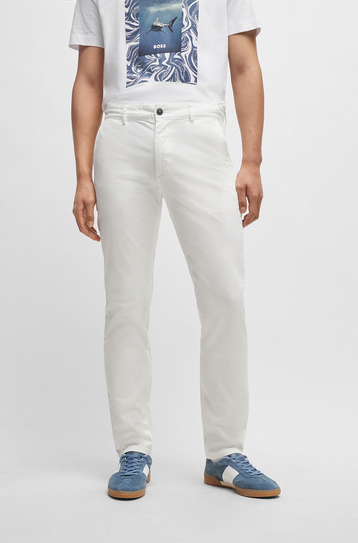 Slim-fit chinos in stretch-cotton satin, White