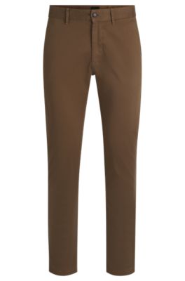 Slim-fit chinos in stretch-cotton satin, Light Brown