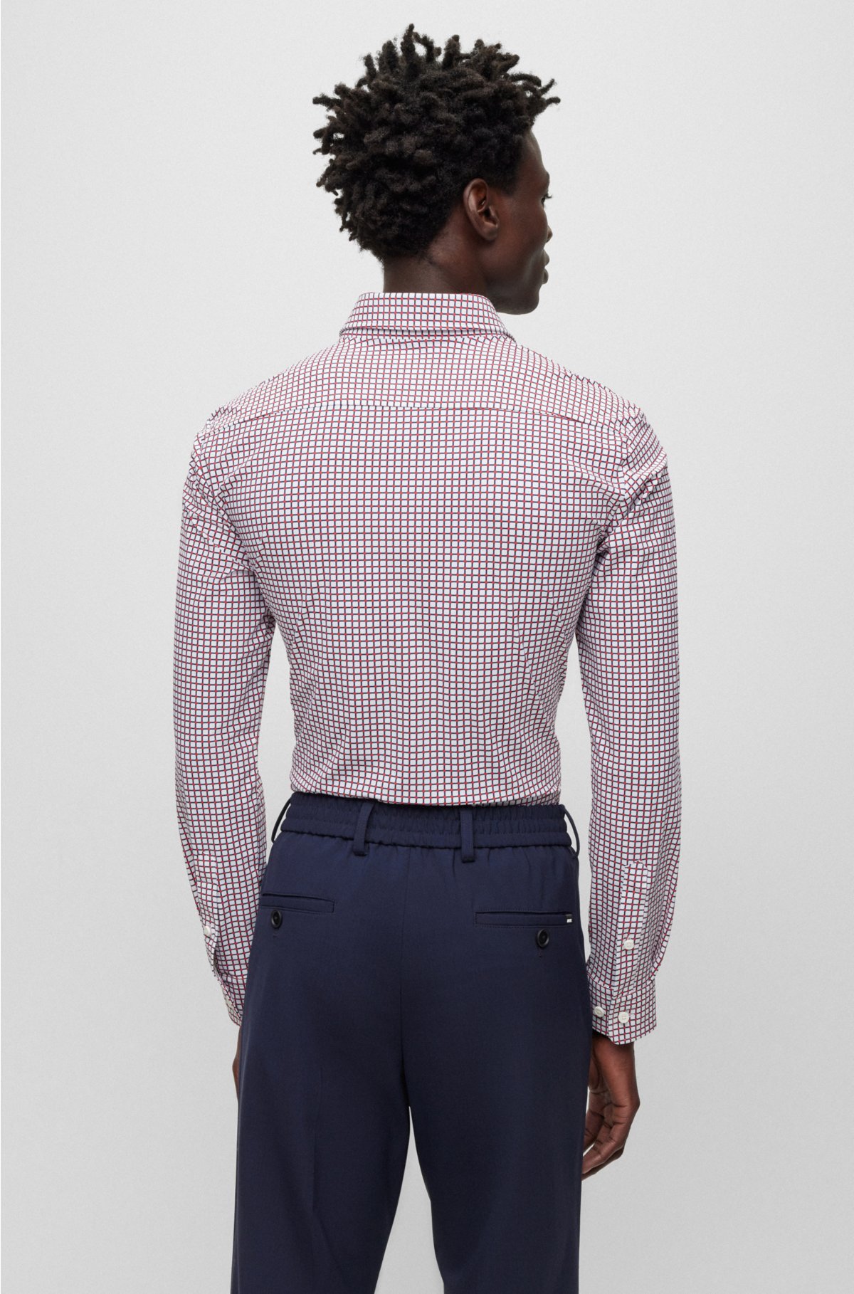Slim-fit shirt with Kent collar in printed material, Dark Blue