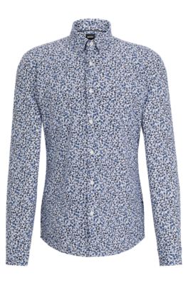 Hugo Boss Slim-fit Shirt With Kent Collar In Printed Material In Dark Blue