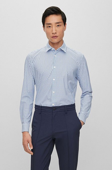 Slim-fit shirt with Kent collar in printed material, Light Blue