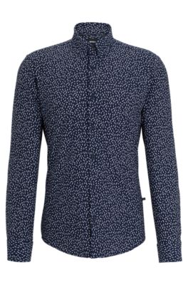 Hugo Boss Slim-fit Shirt In Printed Performance-stretch Fabric In Dark Blue