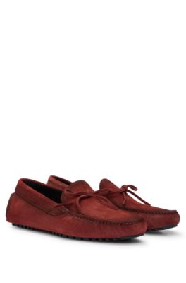 Shop Hugo Boss Suede Moccasins With Buckled Upper Strap In Brown