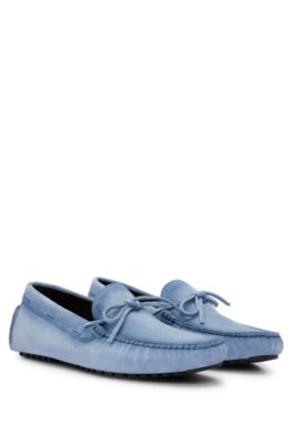 Shop Hugo Boss Suede Moccasins With Buckled Upper Strap In Light Blue