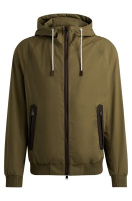 Hugo Boss Cotton-poplin Hooded Jacket With Faux-leather Trims In Light Green