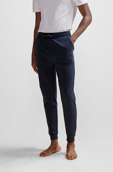 Cotton-terry tracksuit bottoms with embroidered logo, Dark Blue