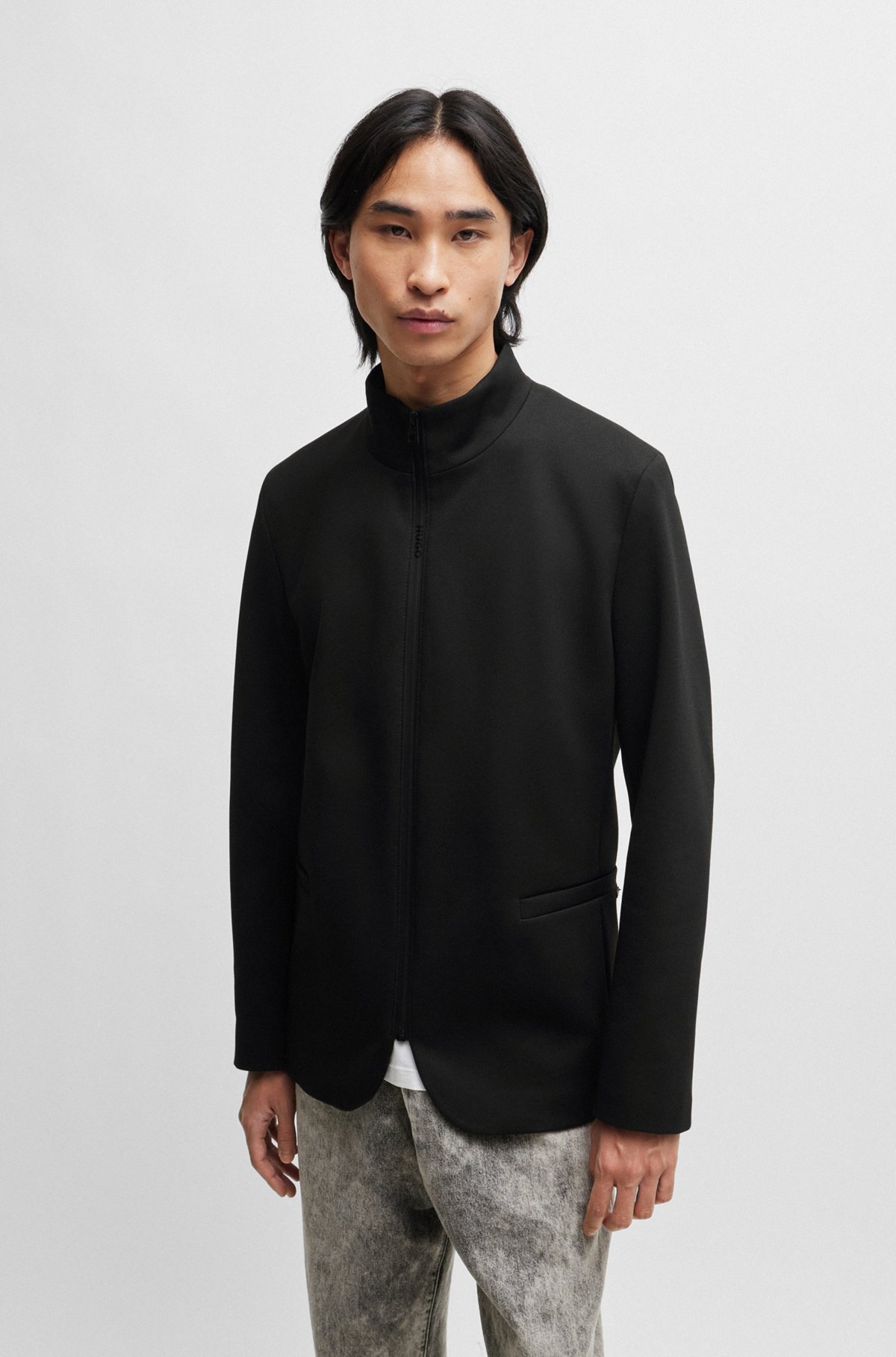 HUGO - Extra-slim-fit zip-up jacket in stretch jersey - Black HUGO - Extra-slim-fit zip-up jacket in stretch jersey - Black