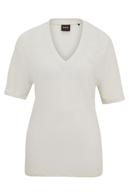 T-shirt à col V en lin, Blanc