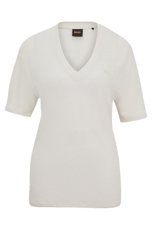 T-shirt à col V en lin, Blanc