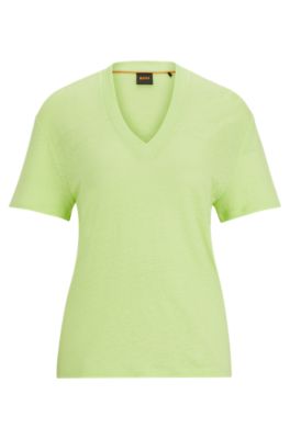 Camiseta de lino con cuello en pico, Verde