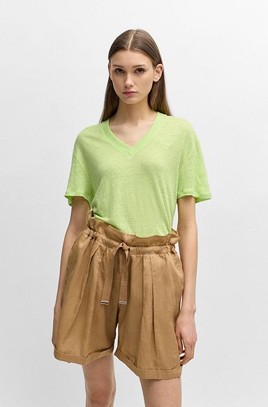 Camiseta de lino con cuello en pico, Verde
