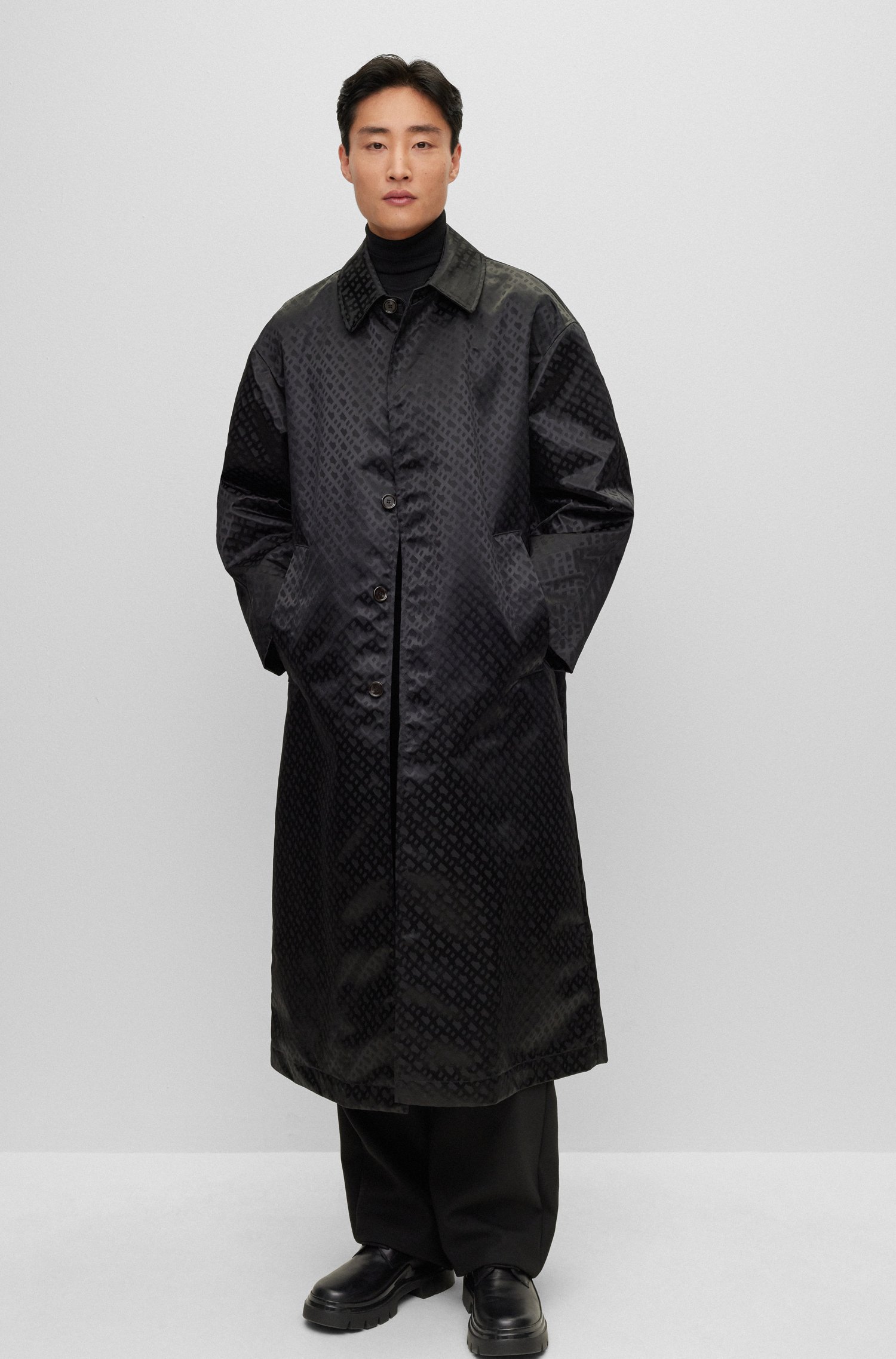 Coated-jacquard coat with concealed placket and cotton lining