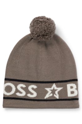 Shop Hugo Boss Boss X Perfect Moment Wool Beanie Hat With Logo Intarsia In Light Beige