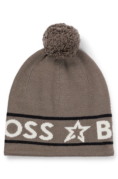 BOSS x Perfect Moment wool beanie hat with logo intarsia, Light Beige