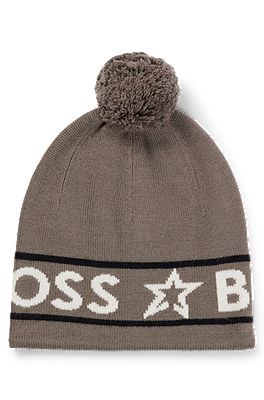 Boss x Perfect Moment Wool Beanie Hat with Logo intarsia- White | Men's Hats