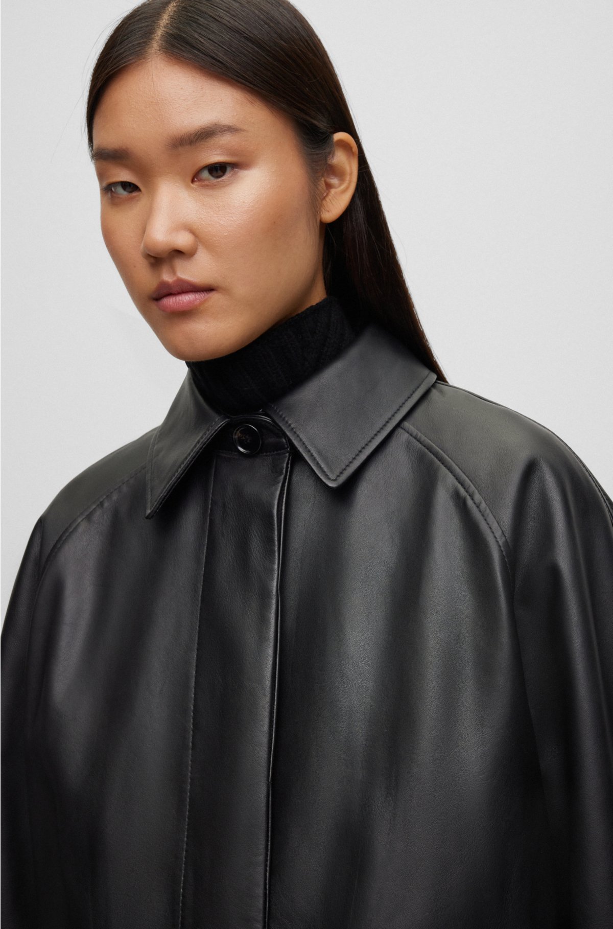 BOSS - Relaxed-fit coat in Nappa leather with concealed closure