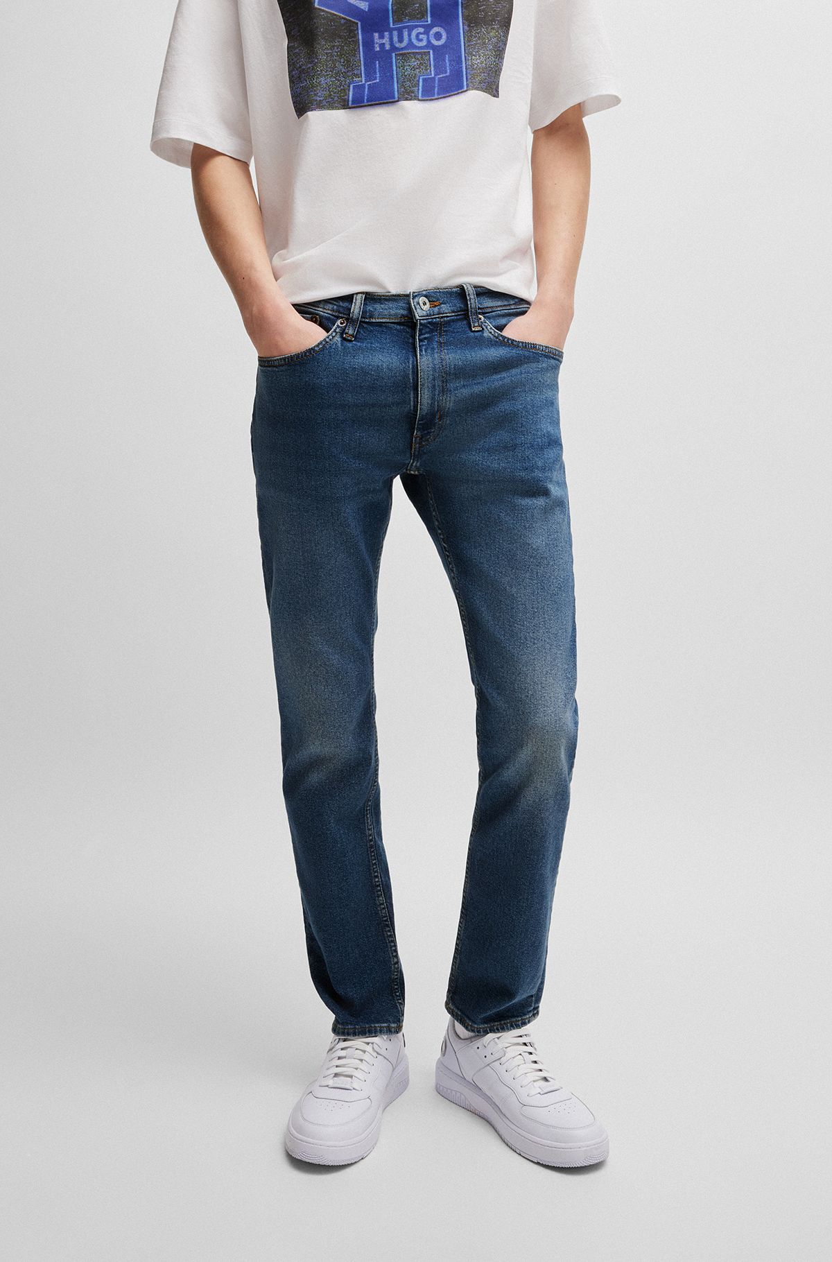 Extra-slim-fit jeans in navy stonewashed stretch denim, Dark Blue