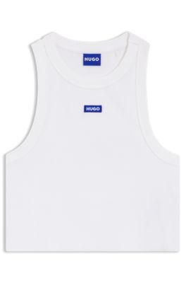 Cropped stretch-cotton tank top with blue logo label, White